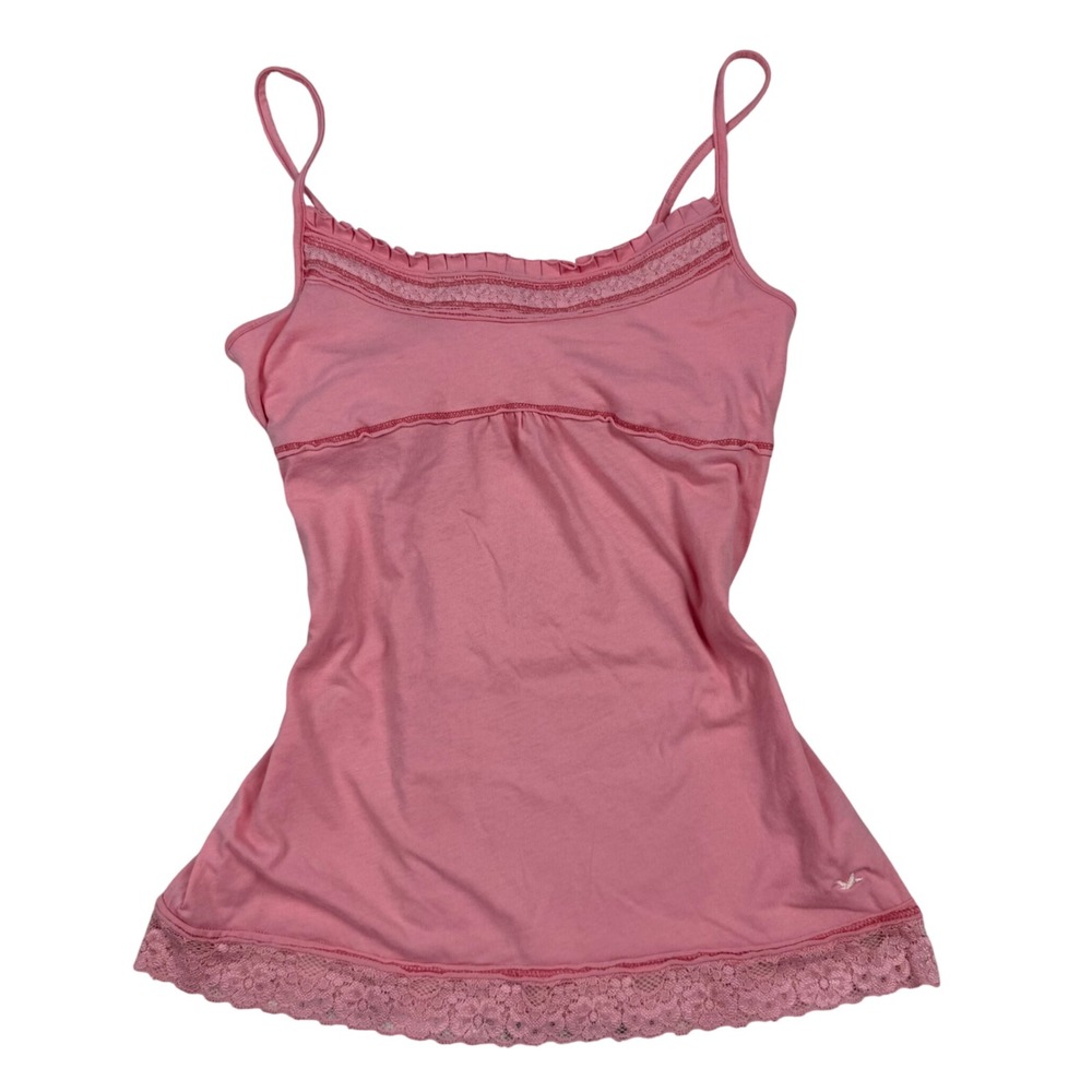 VTG Y2K Hollister Baby Pink Lace Trim Cami Tank Top Ruffle Babydoll Floral SZ S